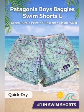 Patagonia Boys Baggies Swim Shorts L Green Purple Print 4” Inseam Elastic Waist
